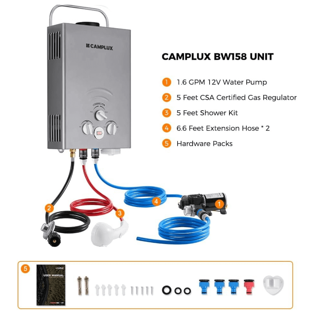 Camplux Tankless Water Heater For RV 1.58 GPM With Pump Kit, Grey