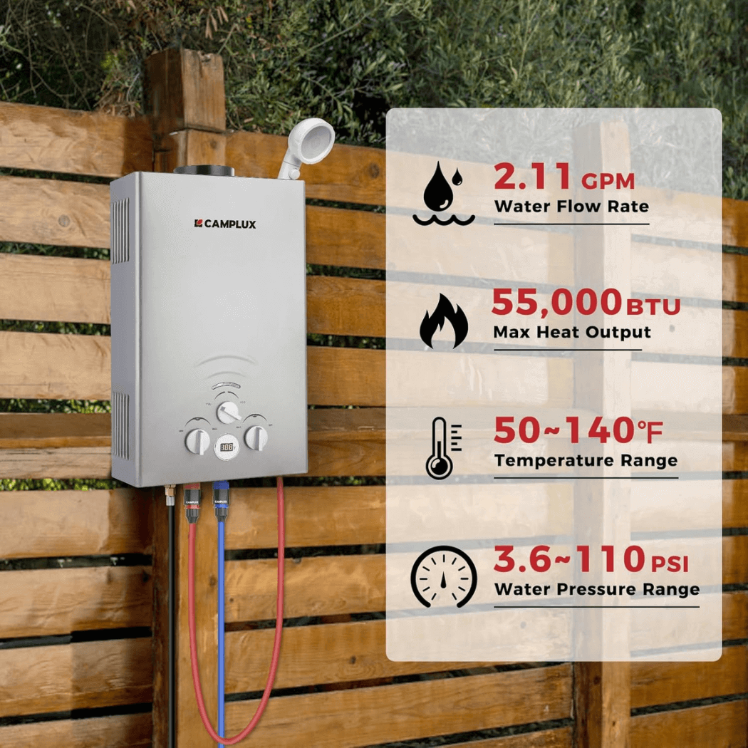 Chauffe-eau portatif sans réservoir au propane, chauffe-eau à gaz de camping à la demande Camplux 2,11 GPM, gris 