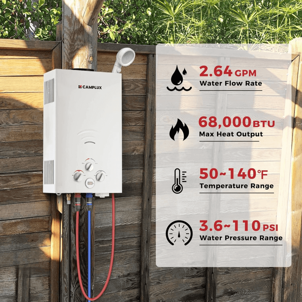 Camplux Chauffe-eau portable au gaz propane 2,64 GPM, chauffe-eau de camping extérieur sans réservoir avec affichage numérique, blanc 