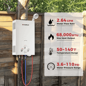 Camplux Chauffe-eau portable au gaz propane 2,64 GPM, chauffe-eau de camping extérieur sans réservoir avec affichage numérique, blanc 