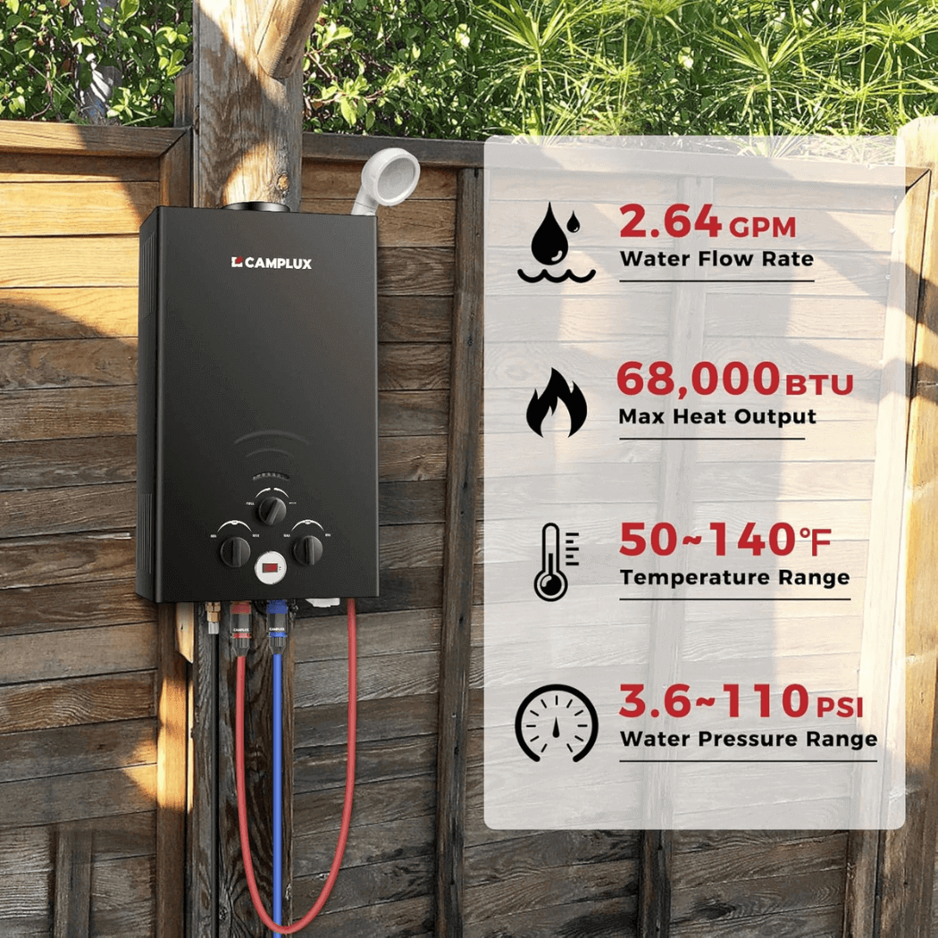 Camplux Chauffe-eau portable au gaz propane 2,64 GPM, chauffe-eau de camping extérieur sans réservoir avec affichage numérique, blanc 