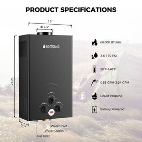 Camplux Chauffe-eau portable au gaz propane 2,64 GPM, chauffe-eau de camping extérieur sans réservoir avec affichage numérique, blanc 