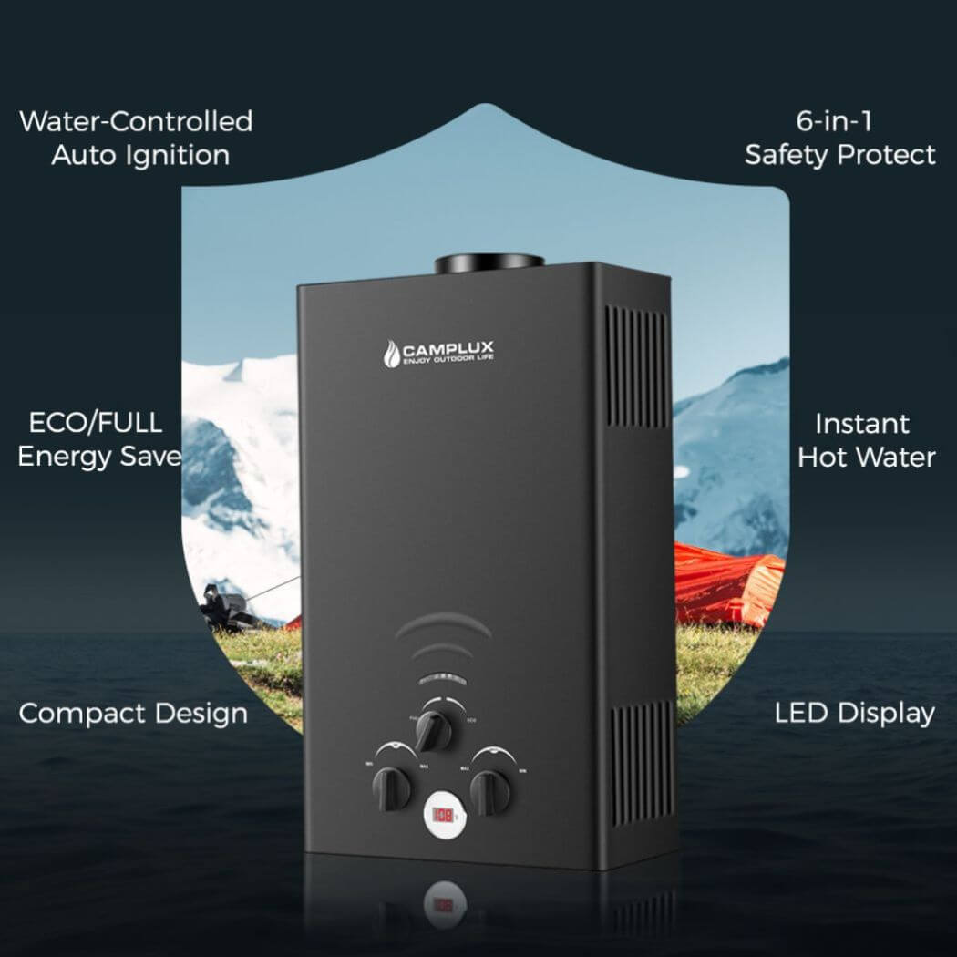 Camplux Chauffe-eau portable au gaz propane 2,64 GPM, chauffe-eau de camping extérieur sans réservoir avec affichage numérique, blanc 