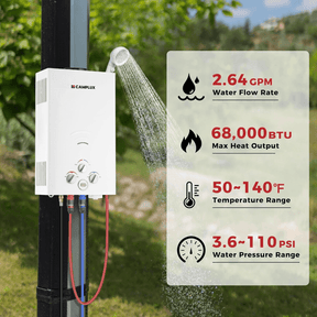 Tragbarer Propan-Durchlauferhitzer für den Außenbereich, Camplux 2,64 GPM Instant Hot Camping-Duschen mit 3,3 GPM Wasserpumpe und Rohrsieb 