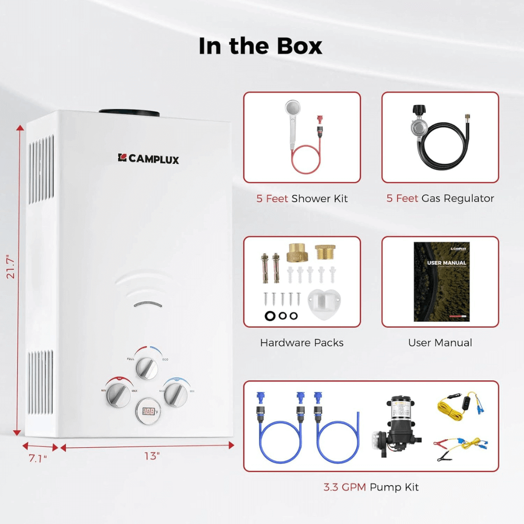 Chauffe-eau portable sans réservoir au propane pour l'extérieur, douches de camping chaudes instantanées Camplux 2,64 GPM avec pompe à eau de 3,3 GPM et crépine de tuyau 