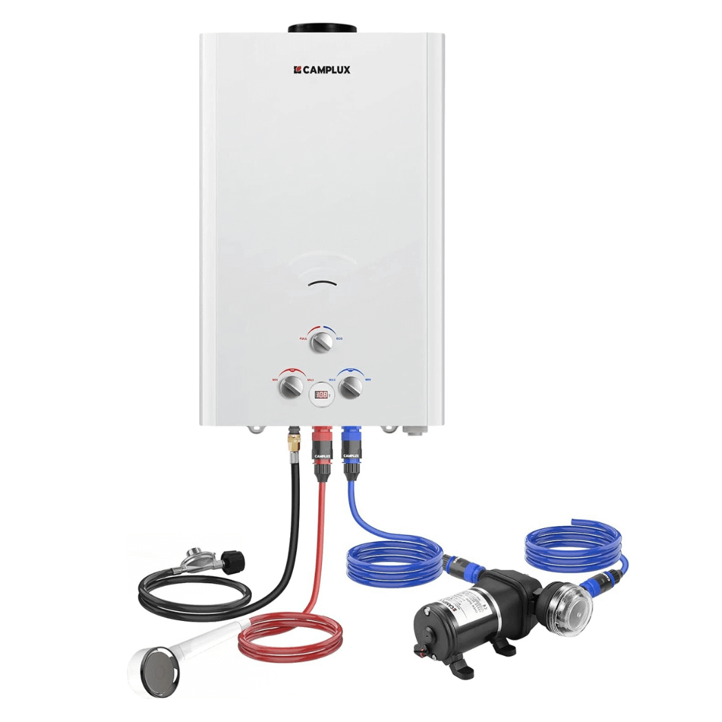 Propane Portable Tankless Water Heater Outdoor, Camplux 4.22 GPM Instant Hot Camping Showers with 3.3 GPM Water Pump & Pipe Strainer