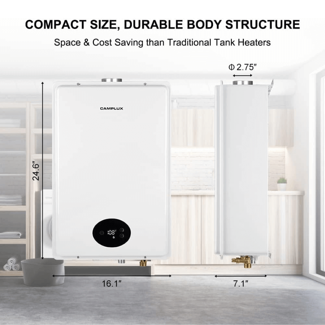 Chauffe-eau à gaz sans réservoir, chauffe-eau instantanés Camplux à la demande, gaz d'intérieur, 6,86 GPM, 120 V AC, blanc 