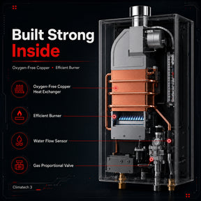 Detailed view of a water heater with labeled components on a black background