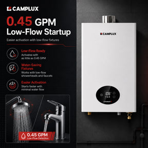 Camplux water heater with features highlighted on a dark background