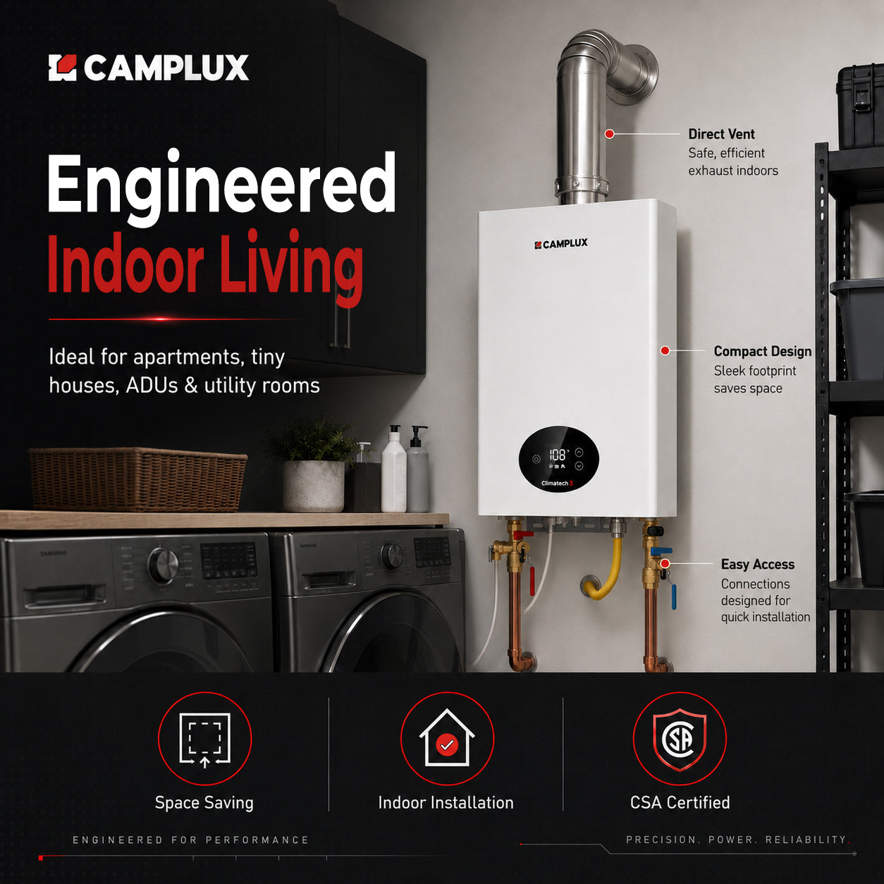 Camplux water heater in a laundry room setting with features highlighted.