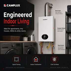 Camplux water heater in a laundry room setting with features highlighted.