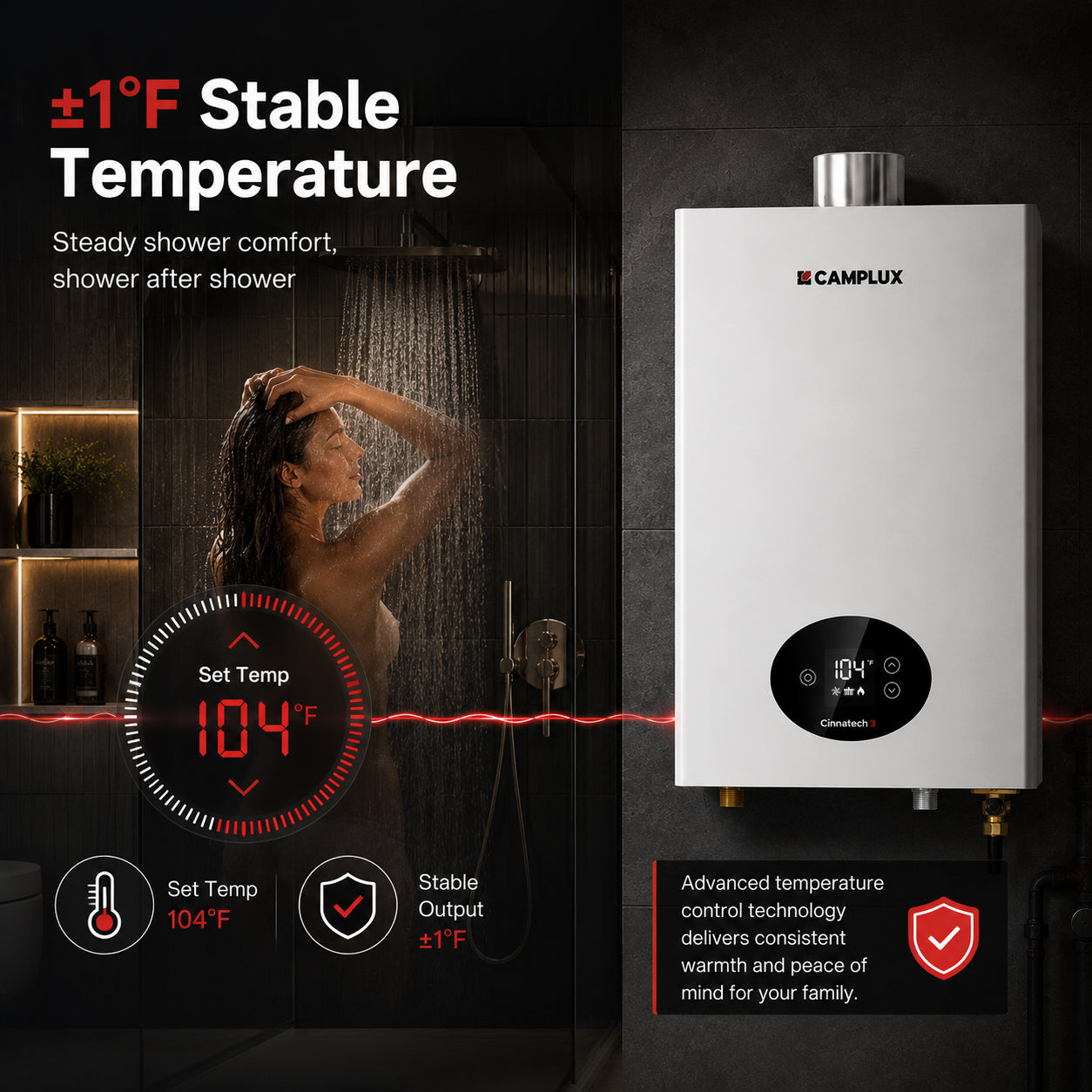 Camplux water heater with digital display and shower temperature control, featuring a person showering.