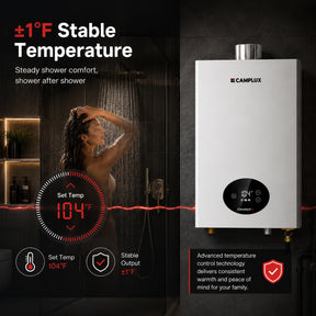 Camplux water heater with digital display and shower temperature control, featuring a person showering.