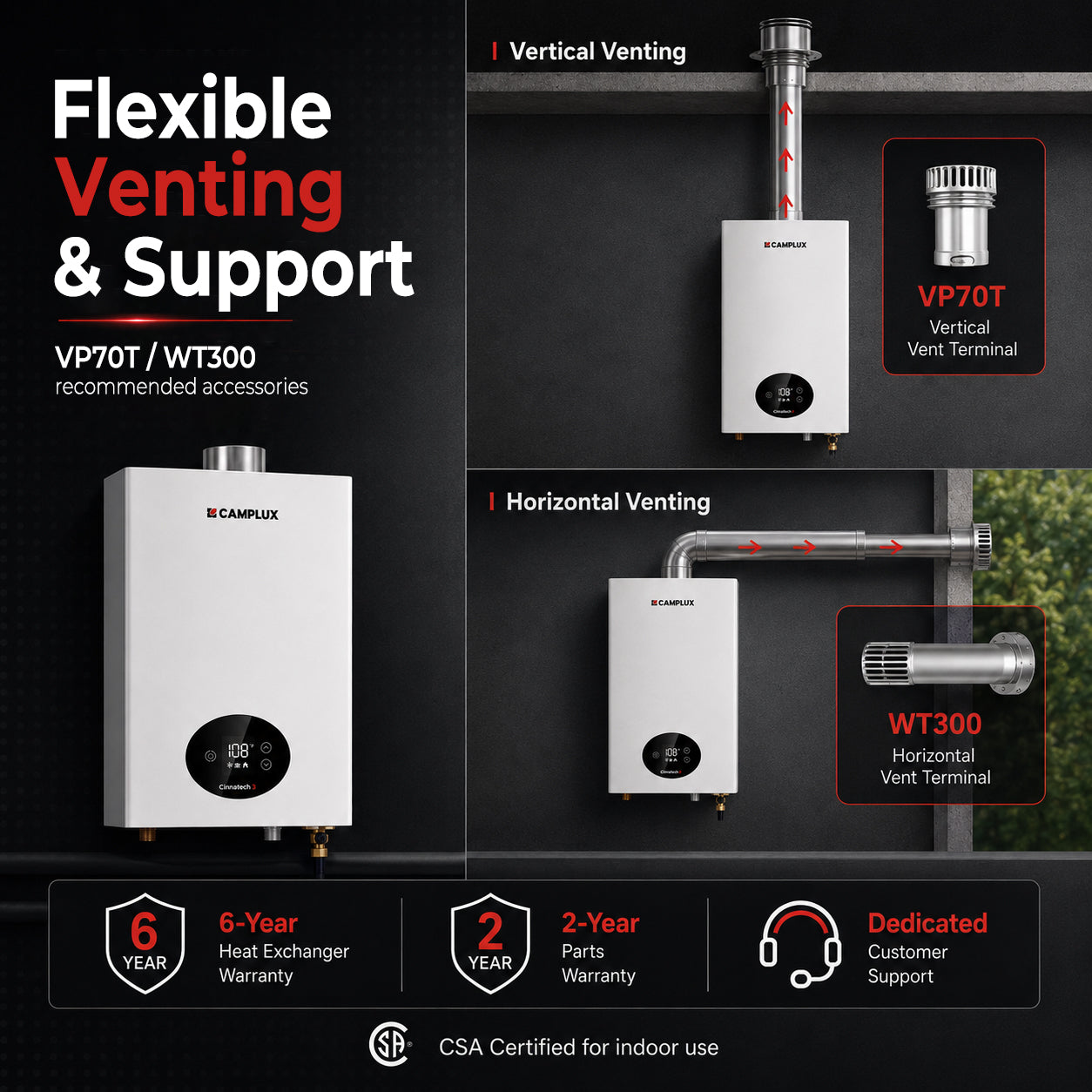 Campux water heater with flexible venting and support accessories on a black background