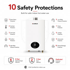 Camplux water heater with safety features listed on a white background