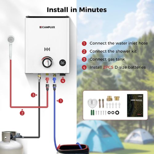 camping tent heater electric CAMPLUX First F5 Portable 1.32 GPM, 34,000 BTU Outdoor Propane Tankless Water Heater
