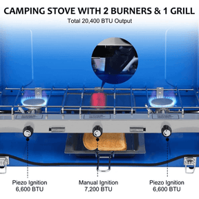 Camplux Propane Camping Stove 2 Burners & 1 Grill, 20,400 BTU Auto-Ignition