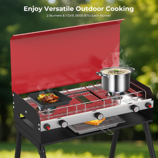 Camplux Propane Camping Stove 2 Burners & 1 Grill, 15000 BTU Auto-Ignition Camplux Propane Camping Stove 2 Burners & 1 Grill, 15000 BTU Auto-Ignition