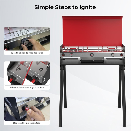 Camplux Propan-Campingkocher, 2 Brenner und 1 Grill, 15.000 BTU Selbstzündung 