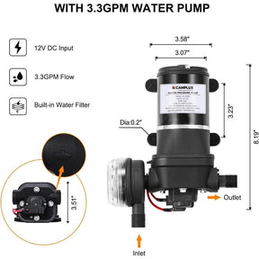 Camplux JK-4000 Pompe à membrane à pression d'eau 12 V 3,3 GPM, 40 PSI, 12,5 LPM pour camping-car, bateau marin, pelouse