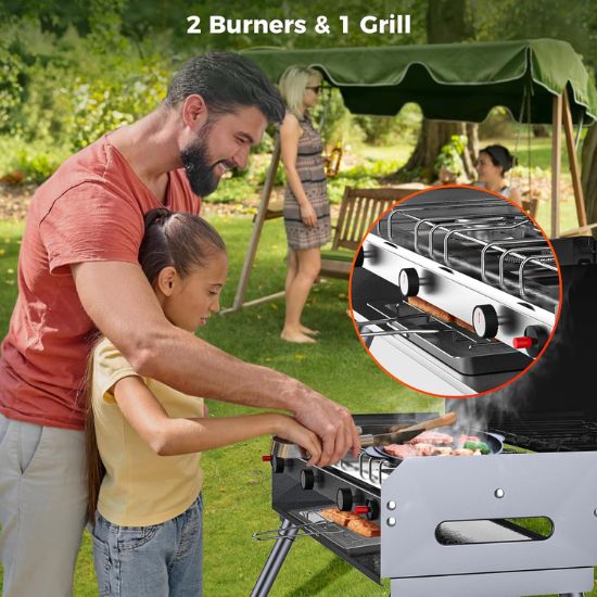 Camplux Propane Camping Stove 2 Burners & 1 Grill, 15,000 BTU Auto-Ignition, Black