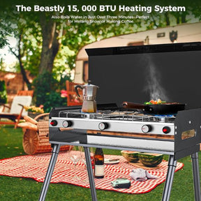 Camplux Propane Camping Stove 2 Burners & 1 Grill, 15,000 BTU Auto-Ignition, Black