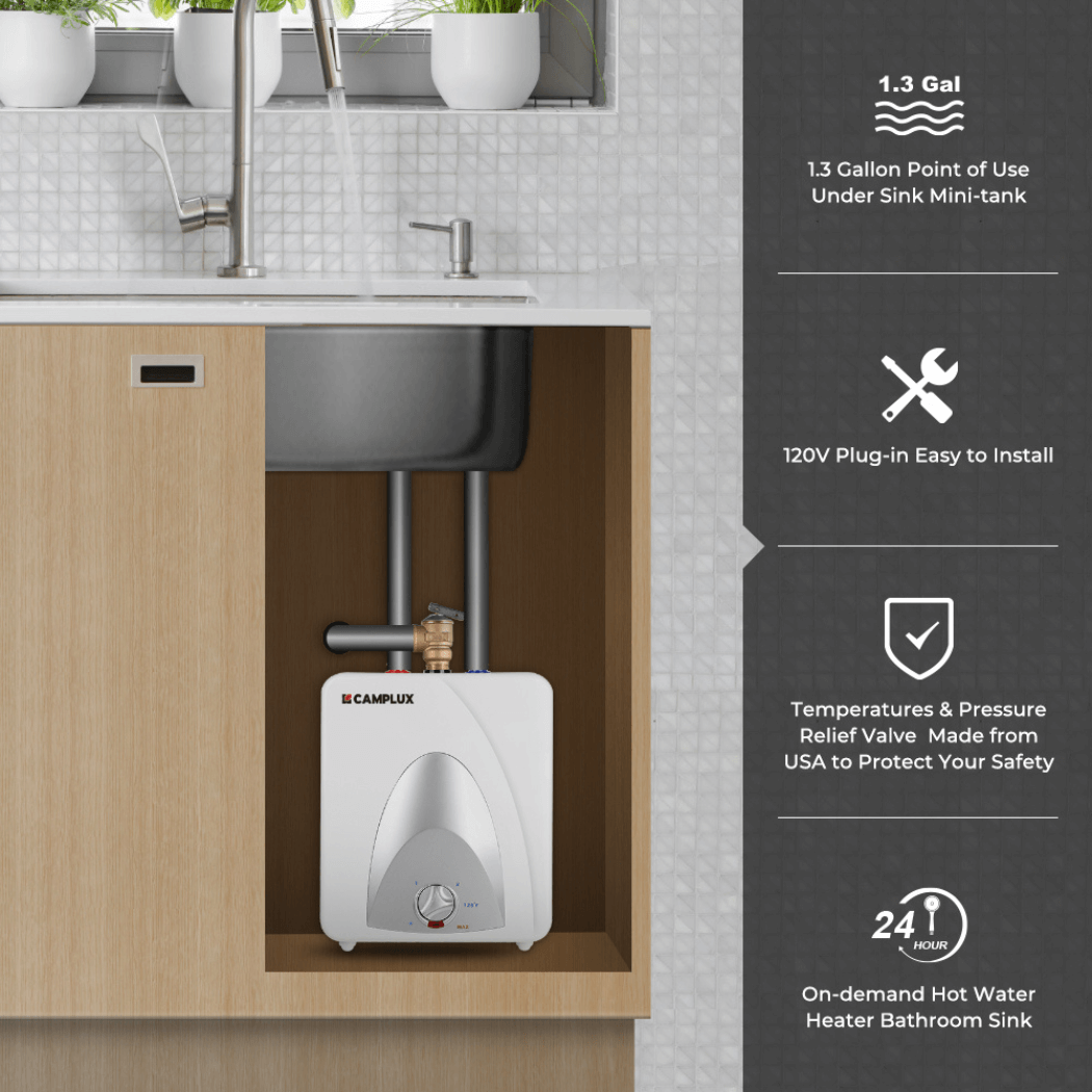 Elektrischer Mini-Tank-Warmwasserbereiter von Camplux, 120 V – 1,3 Gallonen 
