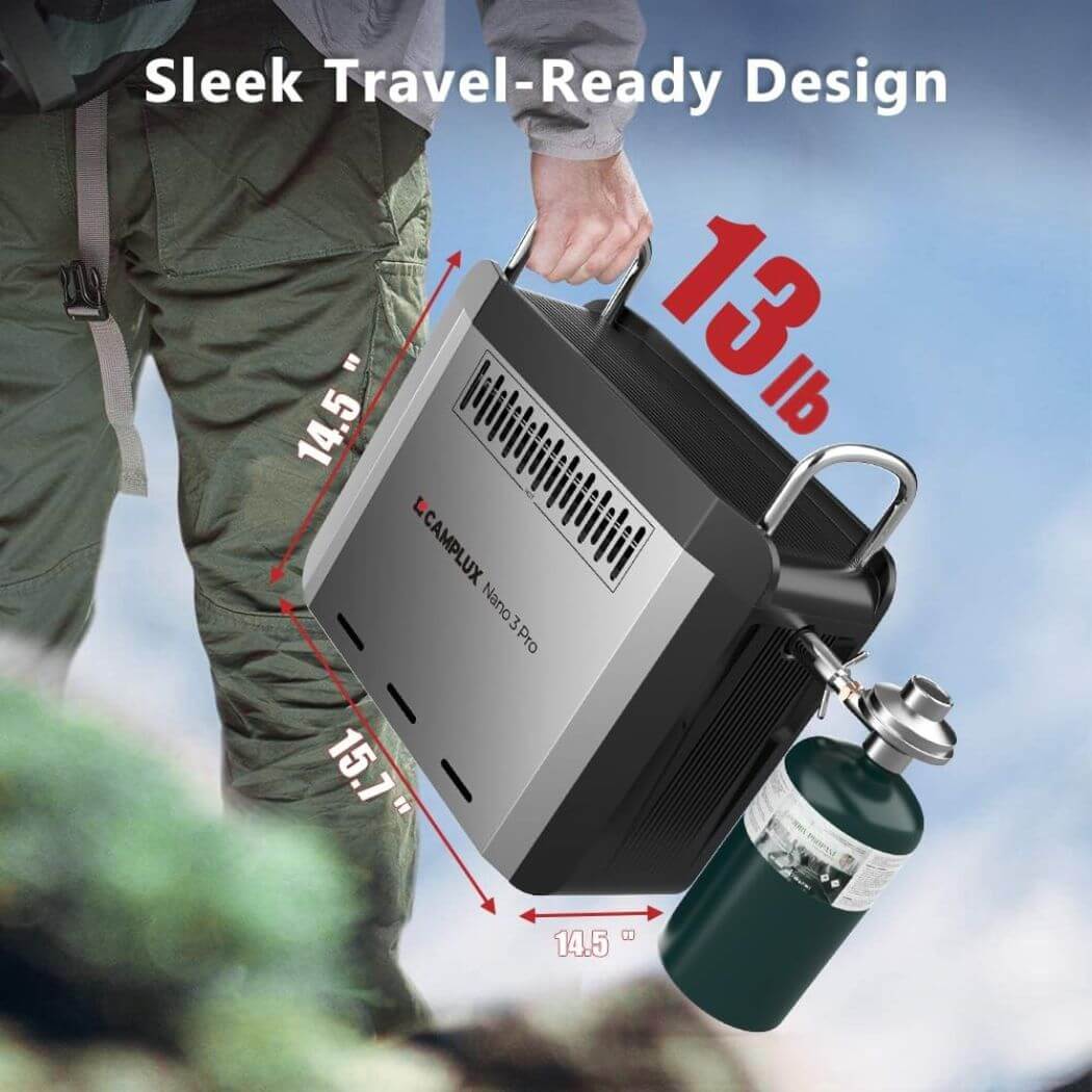 Camplux Portable Camping Water Heater NANO 3 Pro in sleek travel-ready design.