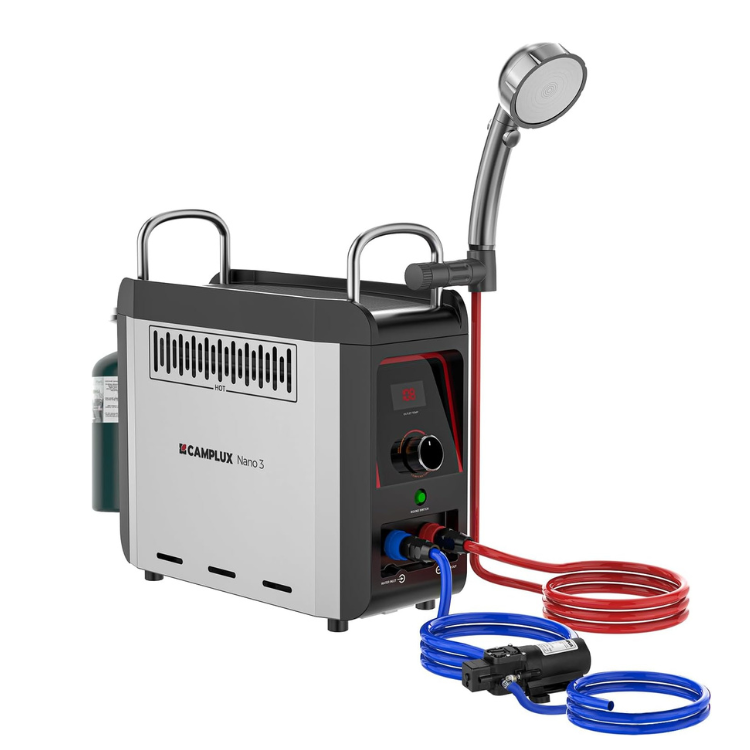 CAMPLUX Nano 3 Portable Propane Water Heater with Pump Kit, Compact & Lightweight Design, Quick Connect Pump Cables & Extension Hoses, Outdoor Camping Shower for Off-Grid Cabin, Hiking, RV