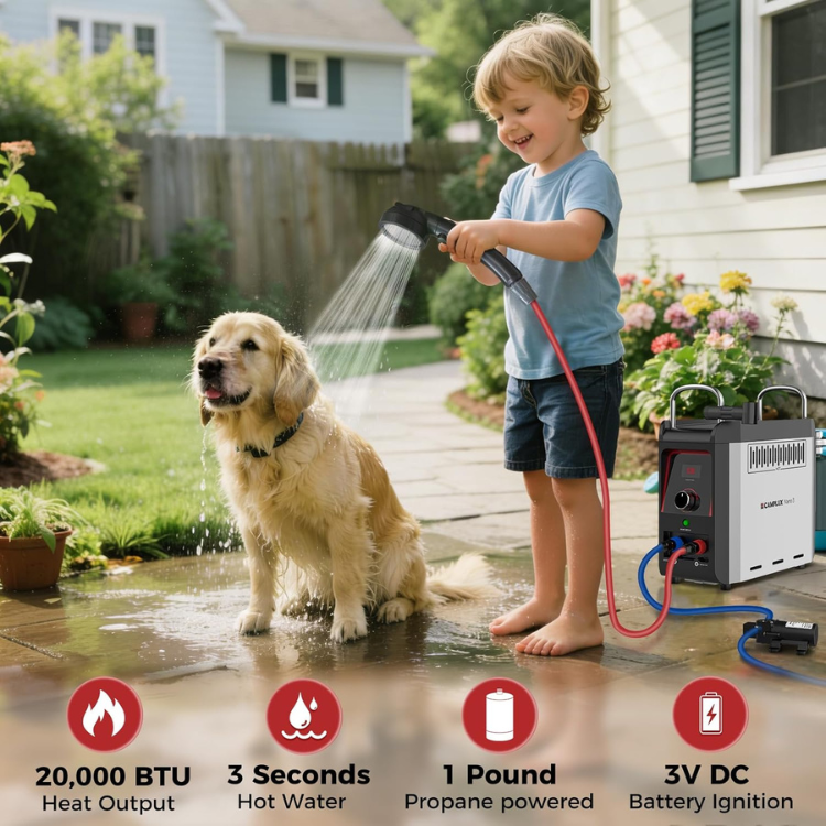 CAMPLUX Nano 3 Portable Propane Water Heater with Pump Kit, Compact & Lightweight Design, Quick Connect Pump Cables & Extension Hoses, Outdoor Camping Shower for Off-Grid Cabin, Hiking, RV