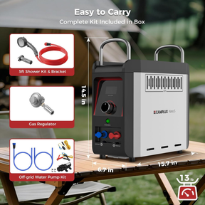 CAMPLUX Nano 3 Portable Propane Water Heater with Pump Kit, Compact & Lightweight Design, Quick Connect Pump Cables & Extension Hoses, Outdoor Camping Shower for Off-Grid Cabin, Hiking, RV