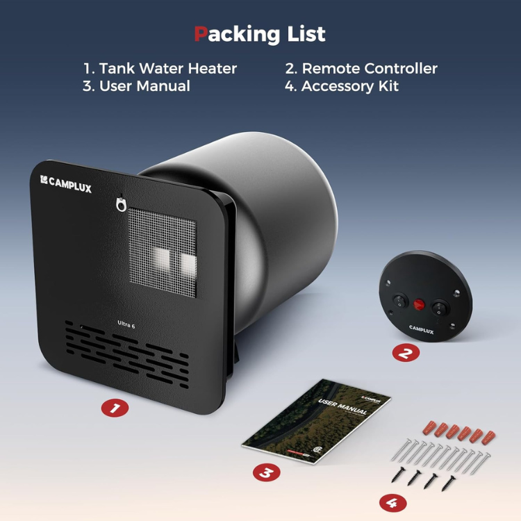 CAMPLUX 6 Gallon RV Water Heater, Gas/Electric/Hybrid, 12,000 BTU, 1440W, Porcelain-Lined Tank with Anode Rod, DSI Ignition, Compatible with Suburban & Dometic, Black