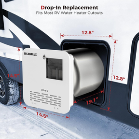 CAMPLUX 6 Gallon RV Water Heater, Gas/Electric/Hybrid, 12,000 BTU, 1440W, Porcelain-Lined Tank with Anode Rod, DSI Ignition, Compatible with Suburban & Dometic, White