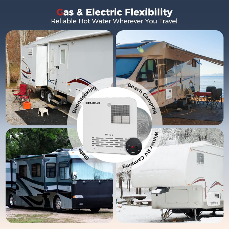 CAMPLUX 6 Gallon RV Water Heater, Gas/Electric/Hybrid, 12,000 BTU, 1440W, Porcelain-Lined Tank with Anode Rod, DSI Ignition, Compatible with Suburban & Dometic, White