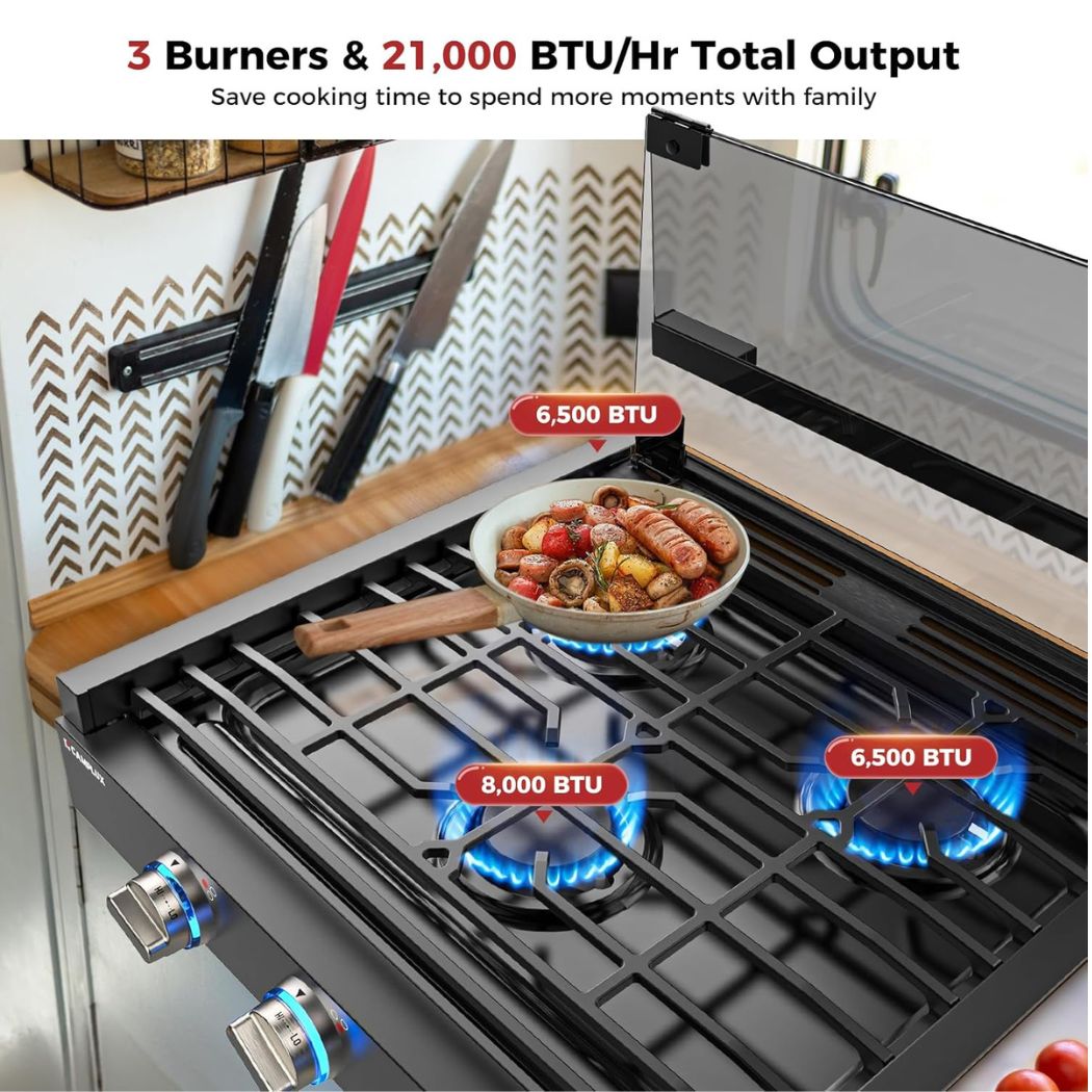 CAMPLUX RV Stove 3 Burners 21,000 BTU, 21 Inches Propane RV Cooktop