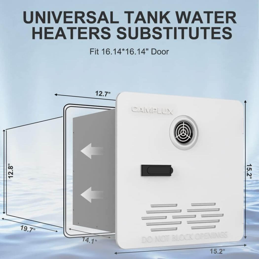 A diagram of the size of the Camplux RS264 gas water heater.