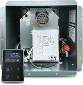 An open metal water heater control cabinet showing internal components, including a white control board, wiring, a vent grille, and a red valve. A small black digital control panel with buttons and a display is shown in the lower left corner.