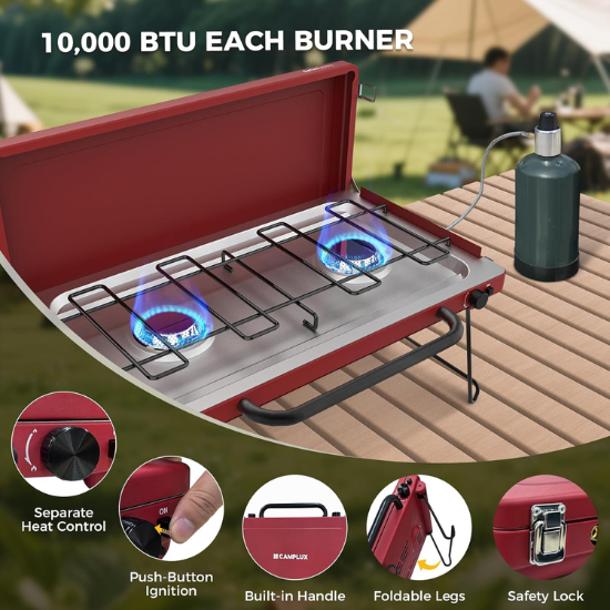 CAMPLUX Safari 2 Burner Propane Camping Stove 20,000 BTU