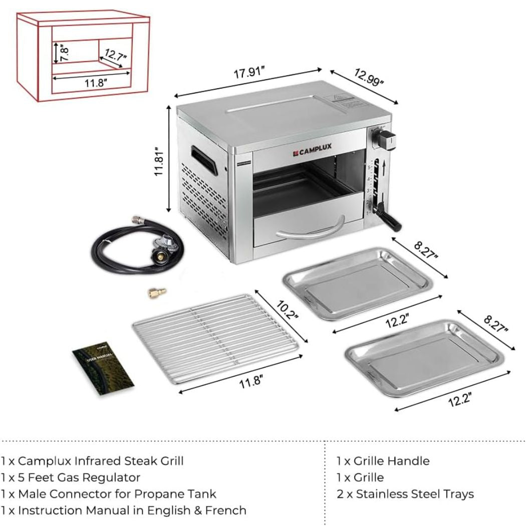 Camplux Grill à steak infrarouge au propane pour l'extérieur, chauffage rapide et efficace à 1 600 °F 