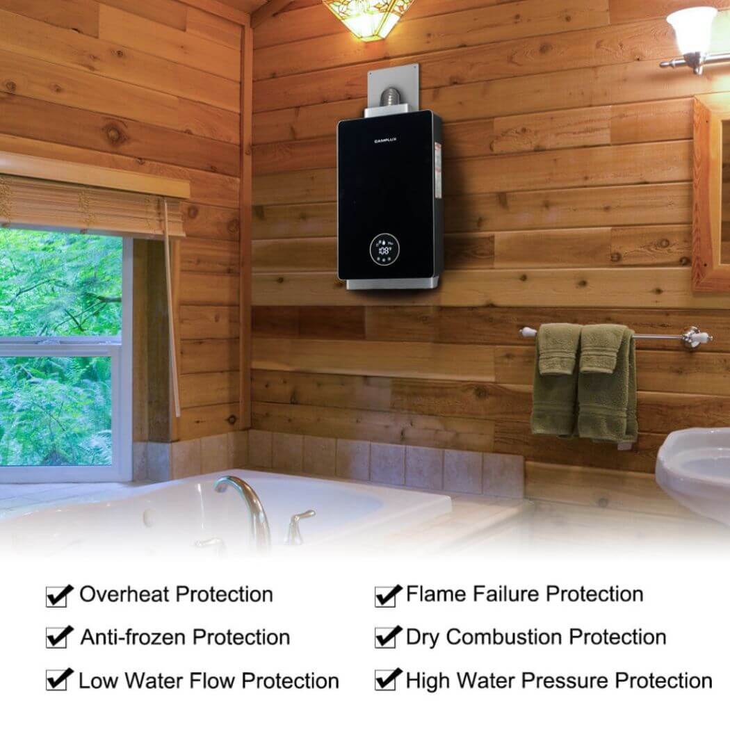 A bathroom with wooden paneling and a sink, and the camplux water heater hanging on the wall to supply hot water any time.