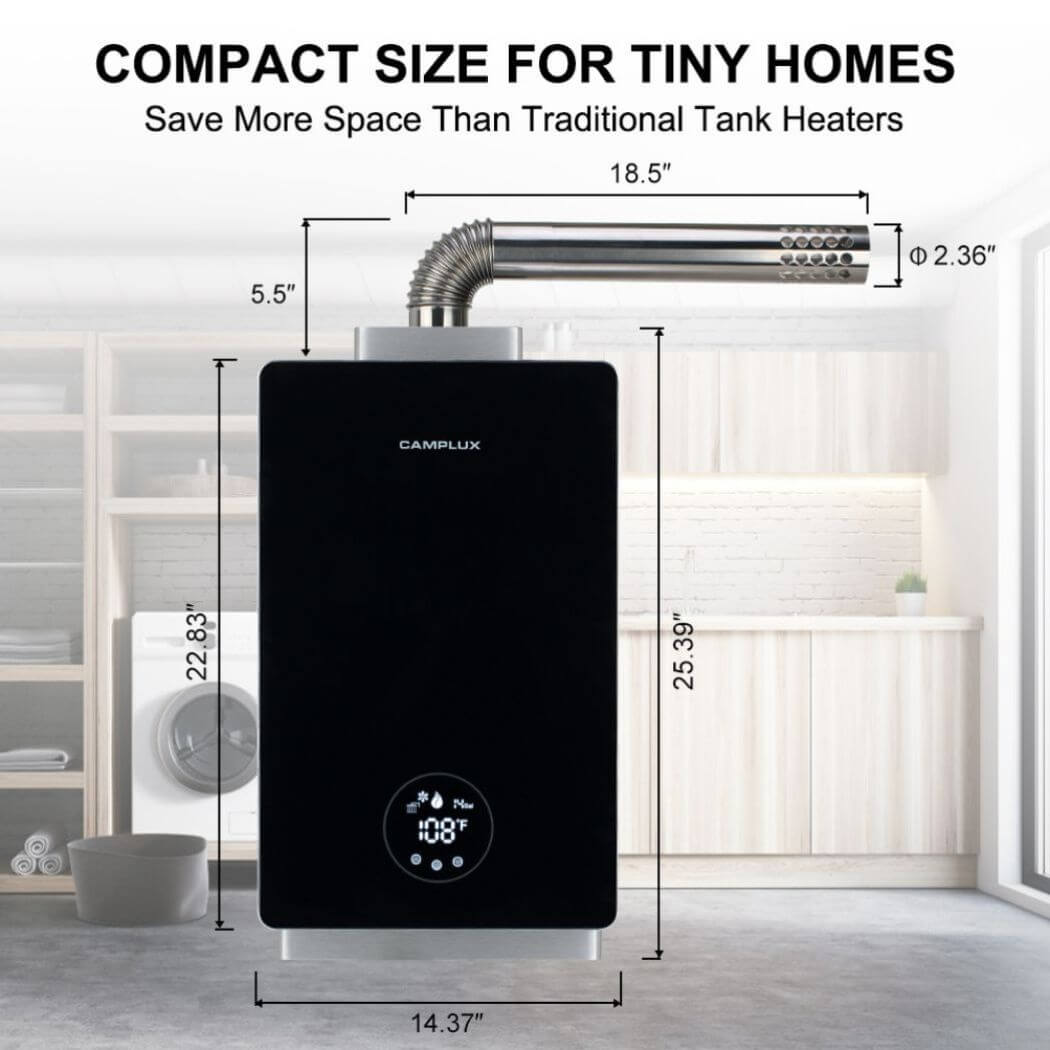 The image showcasing the size of the water heater, compact size for tiny house.