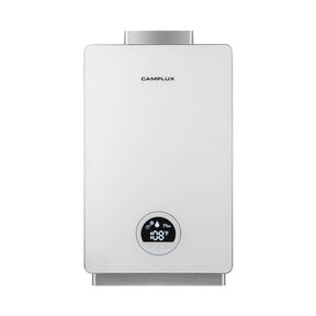 Camplux tankless water heater in white.
