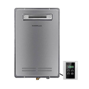 Camplux outdoor tankless water heater, ideal for whole house use.