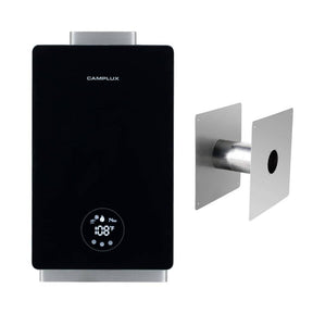 Camplux instant water heater with a wall thimble.