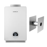 Camplux indoor tankless water heater in white pair with a wall thimble.
