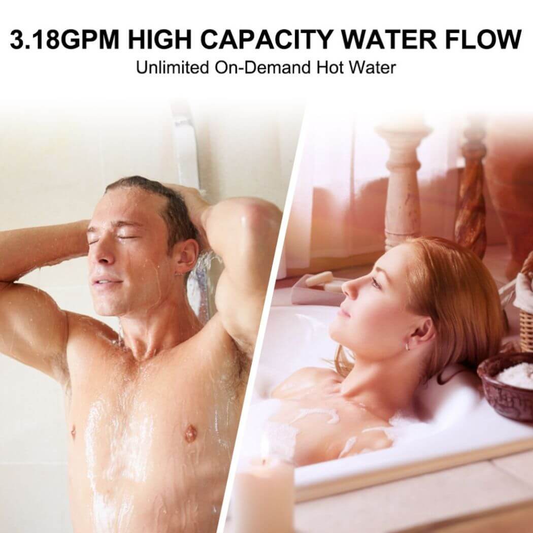 Camplux gas water heater to supply 3.18 gpm high-capacity water flow for relaxing shower.