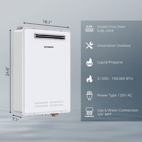 Chauffe-eau sans réservoir pour toute la maison, Camplux Pro 5,28 GPM, chauffe-eau à gaz à haute efficacité sur demande, chauffe-eau à gaz extérieur pour 3 à 4 personnes, blanc 