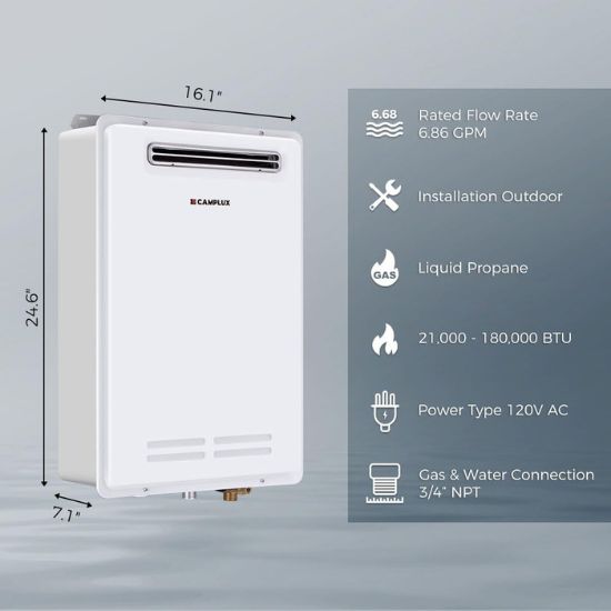 Chauffe-eau sans réservoir pour toute la maison, Camplux Pro 5,28 GPM, chauffe-eau à gaz à haute efficacité sur demande, chauffe-eau à gaz extérieur pour 3 à 4 personnes, blanc 