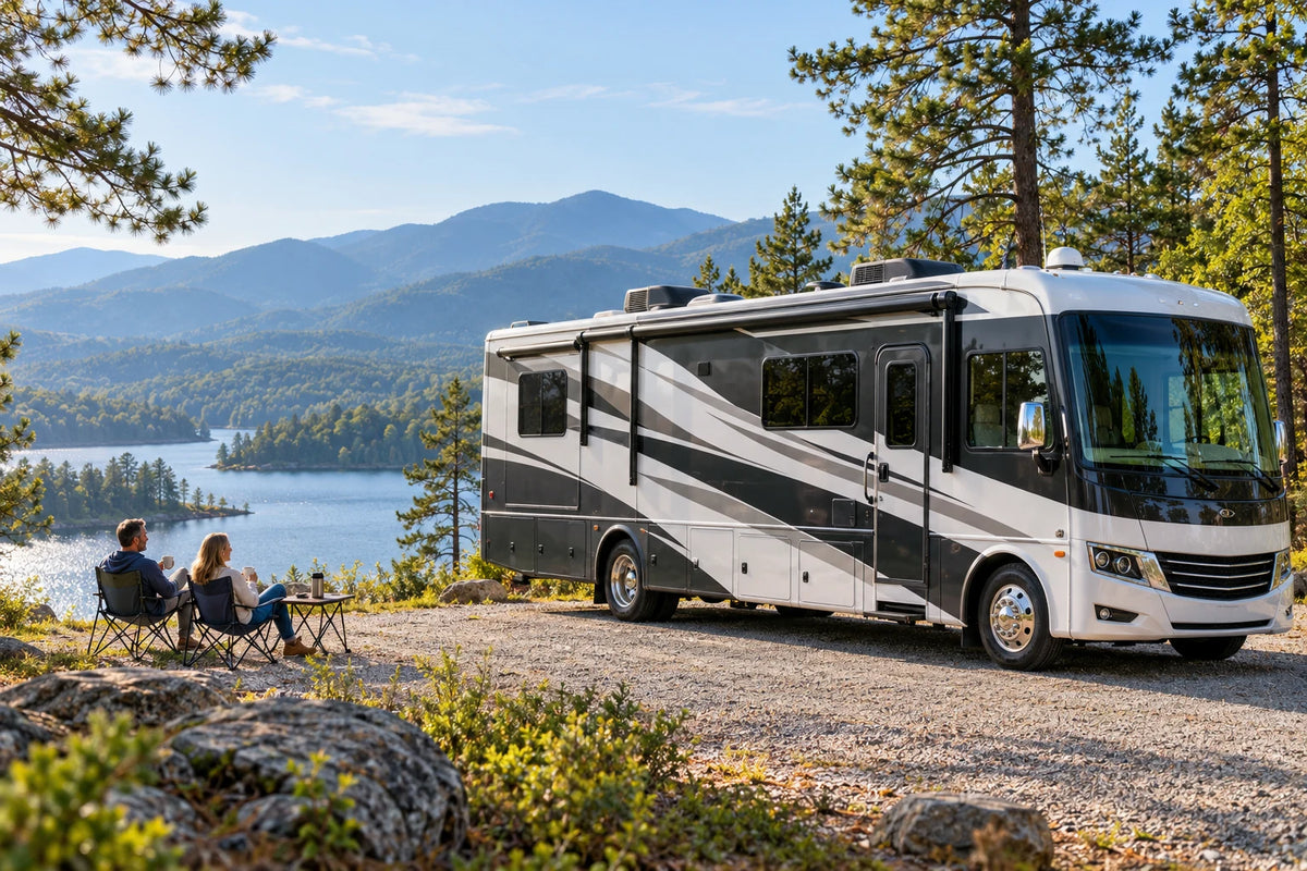 A modern motorhome and two travelers at a lakeside campsite.