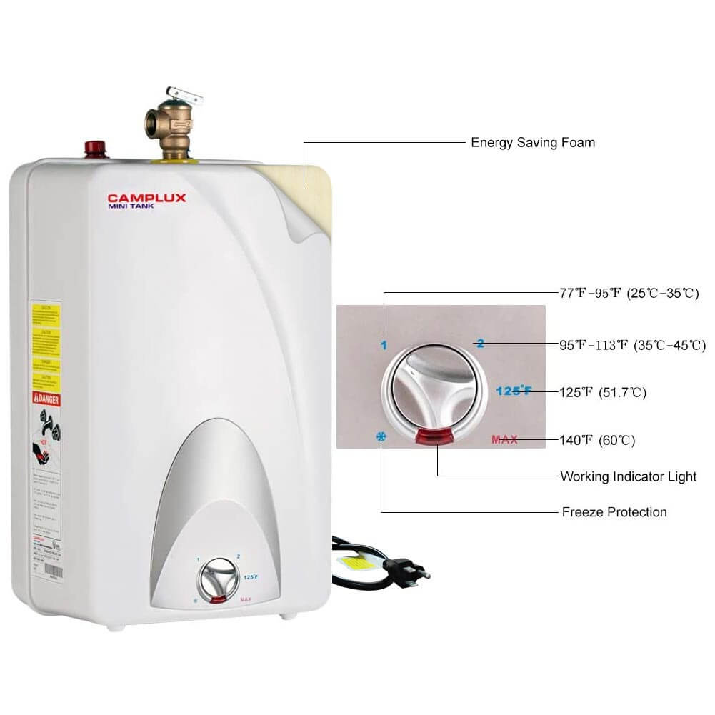 CAMPLUX Electric Mini Tank Water Heater 2.5 Gallons (ME25), Eliminate Time  for Hot Water - Shelf, Wall or Floor Mounted